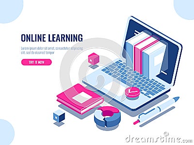 Catalog of online courses isometric icon, online education, internet learning, laptop with book on screen, seo Vector Illustration