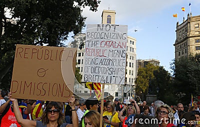 Catalonia protests on first anniversary of spains banned independence referendum Editorial Stock Photo