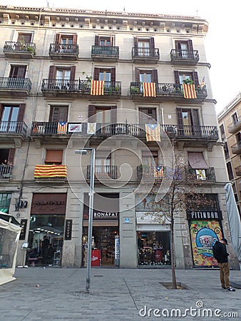 Catalonian flags on display during a pro-independence rally in Barcelona, Spain Editorial Stock Photo