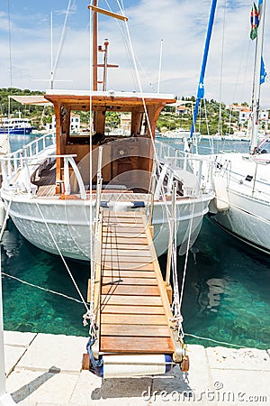 Catamaran boat in port of Kefalonia-Greece Stock Photo