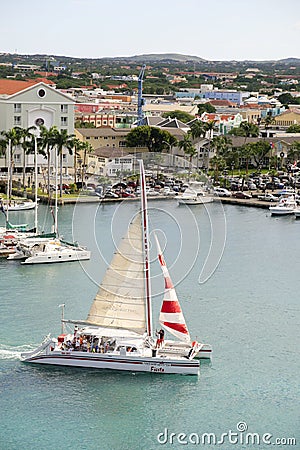 Catamaran Leaving Oranjestad, Aruba Habour Editorial Stock Photo