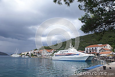 Catamaran moored in Polace village on Mljet Island Editorial Stock Photo