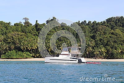 Catamaran on one of the most beautiful places on earth..Coiba National park. Stock Photo