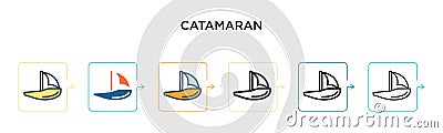 Catamaran vector icon in 6 different modern styles. Black, two colored catamaran icons designed in filled, outline, line and Vector Illustration