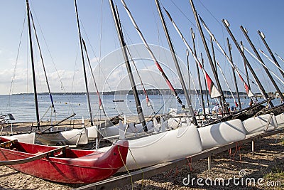 Catamarans on the beach in Cannes Stock Photo