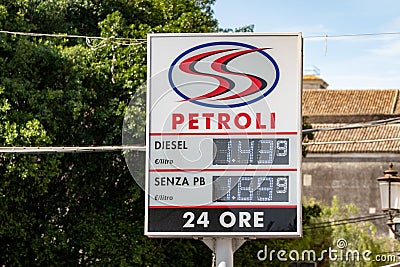 CATANIA, SICILY - FEBRUARY 12, 2020: The banner of a small S.S. Petroli gas station which sells Diesel and Senza PB petrol fuels Editorial Stock Photo