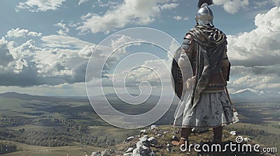 A cataphract warrior stands atop a hill surveying the battlefield with a strategic eye Stock Photo