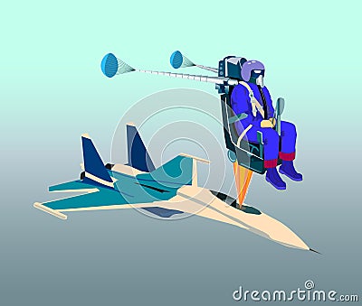 Catapulting pilot with parachute opens on a special seat from plane. Vector Illustration