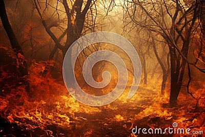 Catastrophic Fire Consumes Majestic Forest Alley, Leaving a Trail of Destruction in Its Wake Stock Photo