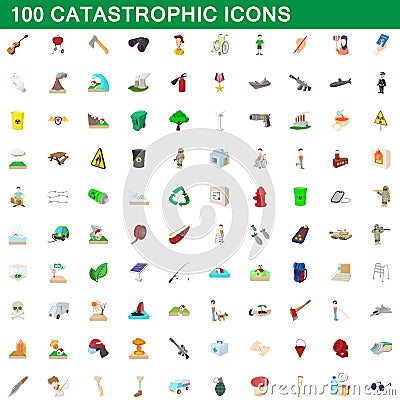 100 catastrophic icons set, cartoon style Cartoon Illustration