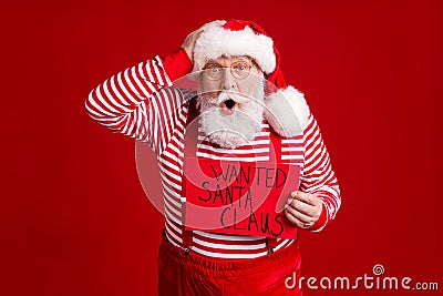Catch thief. Photo of retired old man grey beard shock hand head open mouth crime scene wear santa costume suspenders Stock Photo