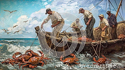 Catching crabs from a boat can be achieved with an oil paint effect. Generated AI Stock Photo