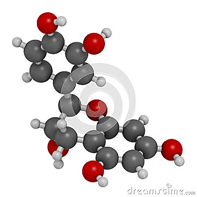 Catechin herbal antioxidant molecule. 3D rendering. Atoms are represented as spheres with conventional color coding: hydrogen Stock Photo