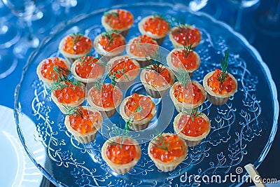 Catering banquet table with different food snacks and appetizers on corporate christmas birthday party event Stock Photo