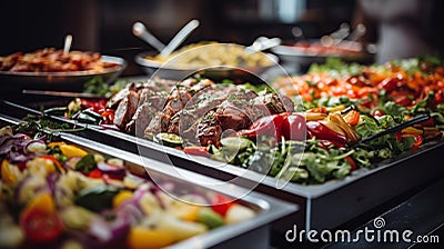 Catering buffet meals in the restaurant with meat, salads and vegetables, various delicious dishes in the hotel Stock Photo