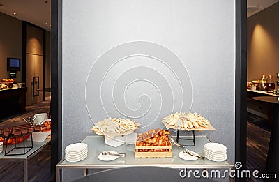 Catering on a business conference Coffee break table on business seminar with fresh bakery,beverage and fruit Stock Photo