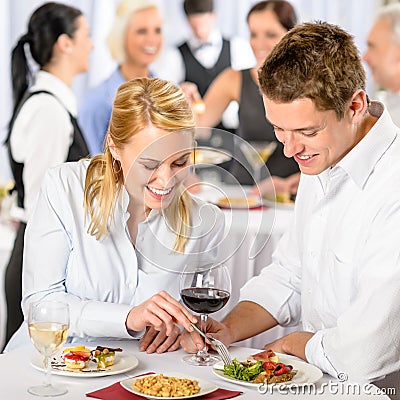 Catering company event young colleagues eat Stock Photo