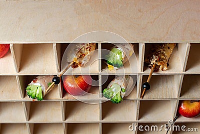 Catering. Delicious desserts on beautiful wooden shelves. Stock Photo