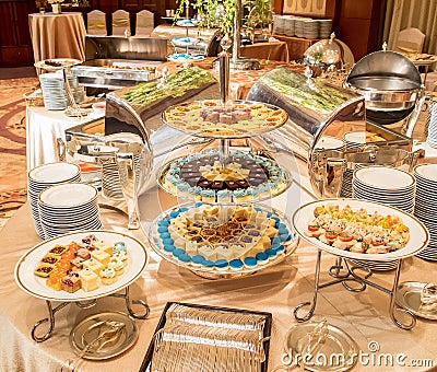 Catering Dessert and Bekery on Buffet Line for Celebration Party Stock Photo