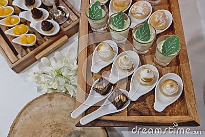 Catering dessert line in wedding ceremony Stock Photo
