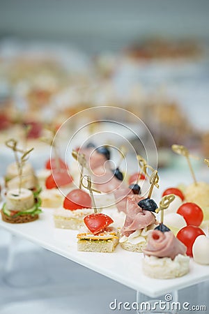 Catering and guest meals during the event. Quick mini snacks in a special beautiful dish. Stock Photo