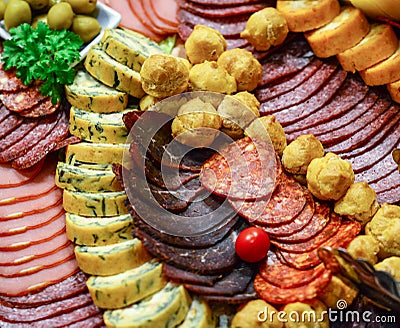 Catering platter with different meat and cheese products Stock Photo