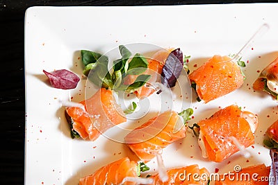 Catering salmon basil canape Stock Photo