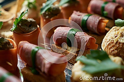 Catering service buffet plate with canapes and appetizing sandwiches Stock Photo