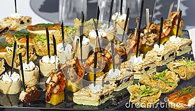 Catering service . sandwiches meat, fish, vegetable canapes on a Stock Photo