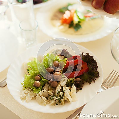 catering table set service with silverware Stock Photo