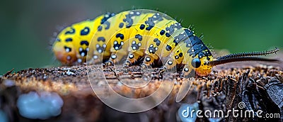 Caterpillar with black spots crawling on a yellow-green tree stump. Concept Nature, Wildlife, Stock Photo