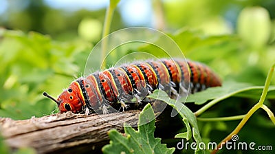 A caterpillar crawling on a plant stem Stock Photo