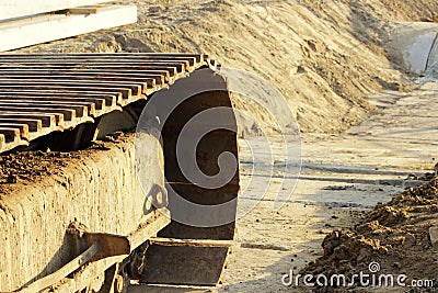 caterpillar from heavy machinery - Machine to hammer the piles in the construction of road junction in Moscow. Stock Photo