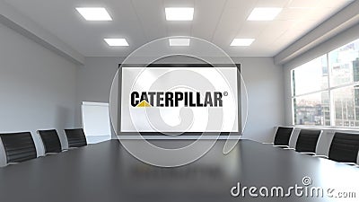 Caterpillar Inc. logo on the screen in a meeting room. Editorial 3D rendering Editorial Stock Photo