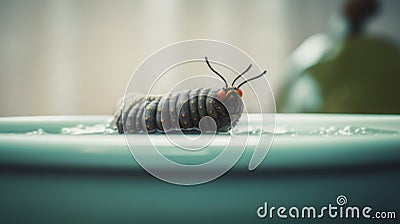 A Caterpillar's Reflection: Dark Gray And Red Glazed Surfaces Stock Photo