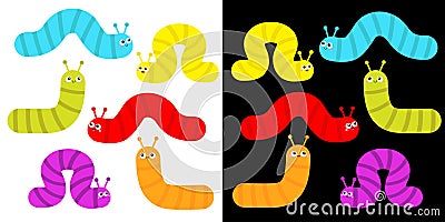 Caterpillar set. Insect icon. Cute crawling bug. Cartoon funny kawaii baby animal character. Smiling face. Colorful bright color. Vector Illustration