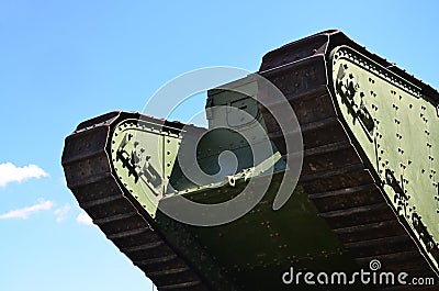 Caterpillars of the green British tank of the Russian Army Wrangel in Kharkov against the blue sk Stock Photo
