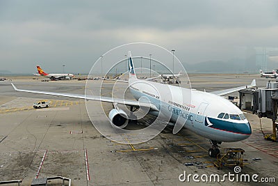 Cathay Pacific Airbus 330-300 at Hong Kong Airport Editorial Stock Photo