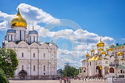 Cathedral of the Archangel and Cathedral of the Annunciation on Cathedral square, Moscow Kremlin, Russia Editorial Stock Photo