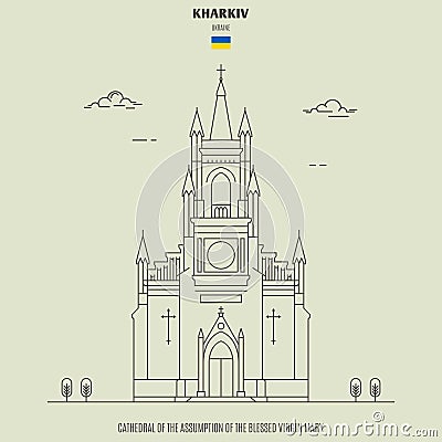 Cathedral of the Assumption of the Blessed Virgin Mary in Kharkiv, Ukraine. Landmark icon Vector Illustration