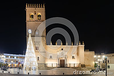 Cathedral of Badajoz with lighting Christmas tree Stock Photo