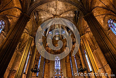 The Cathedral of Barcelona, detail of the lightful choir in typical gothic style with elegant glass windows. Barri Gotic, Editorial Stock Photo