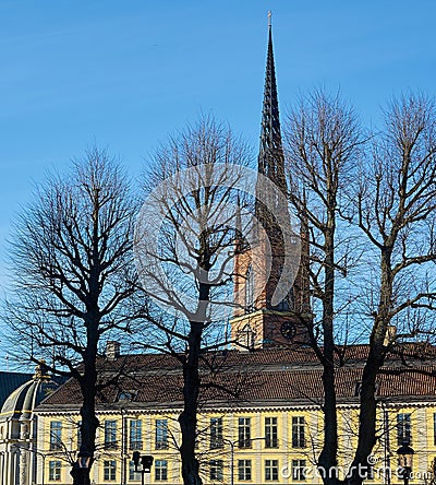 Cathedral behind trees, silhouettes and morning sun. Stock Photo
