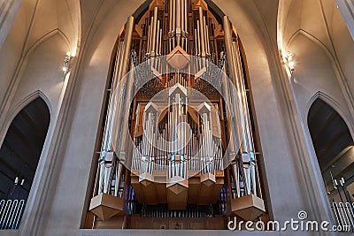 Modern Cathedral Interior, church organ pipes Editorial Stock Photo