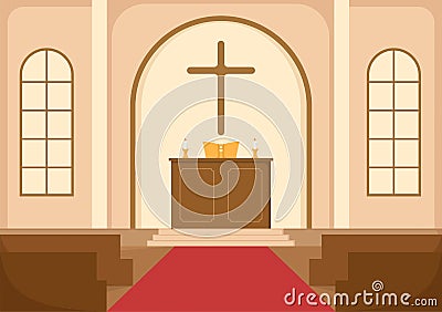 Cathedral Catholic Church Building with Architecture, Medieval and Modern Churches Interior Design in Flat Cartoon Illustration Vector Illustration