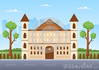 Cathedral Catholic Church Building with Architecture, Medieval and Modern Churches Interior Design in Flat Cartoon Illustration Vector Illustration