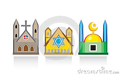 Cathedral church, Jewish synagogue, Islamic mosque. Religious temples, architectural structures Vector Illustration