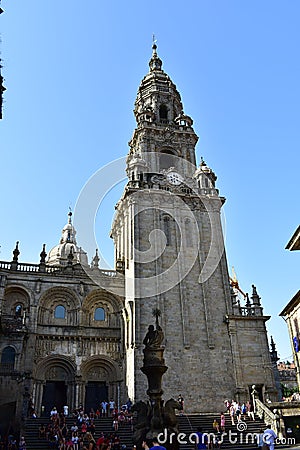 Cathedral, Clock Tower, Platerias romanesque facade. Santiago de Compostela, Spain. Editorial Stock Photo