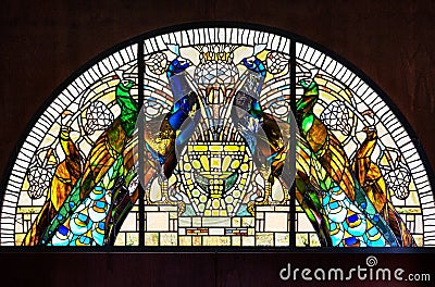 Cathedral glass depicting colorful peacocks Editorial Stock Photo