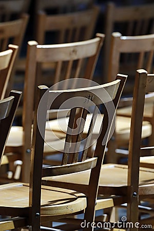 Cathedral of the Holy Cross of Orleans. Church chairs. Stock Photo